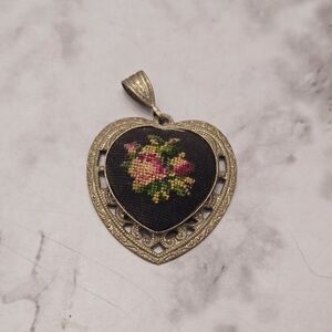 Vintage Heart Pendant Silvertone Stitched Puff